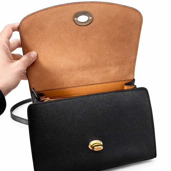 COACH Tilly Crossbody Top Handle Twist Lock Black Gold Leather Bag - Picture 5 of 5